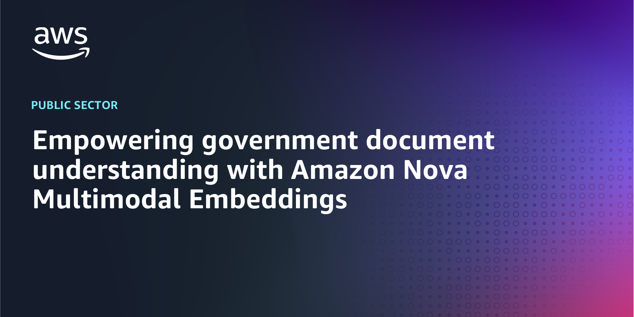 AWS branded background with text "Empowering government document understanding with Amazon Nova Multimodal Embeddings"