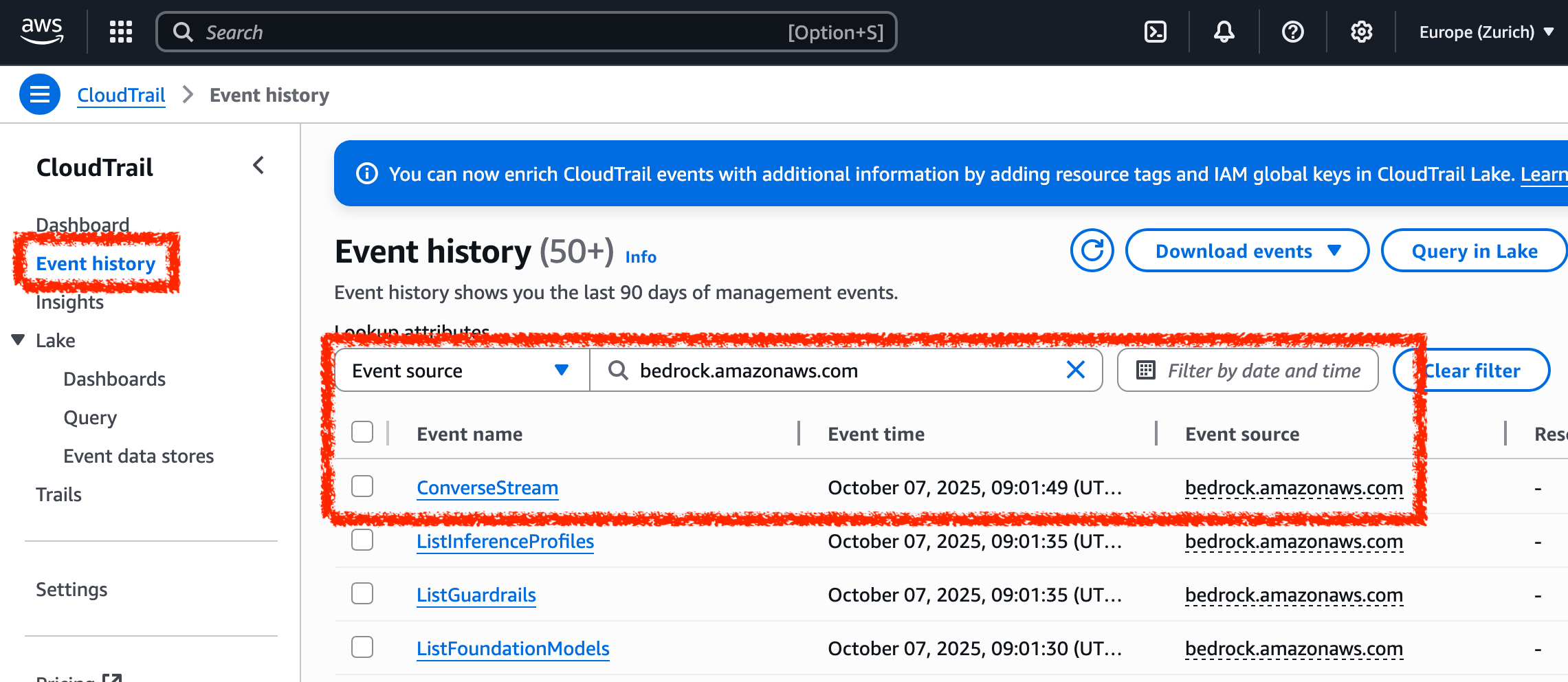 Bedrock API call logging in Amazon CloudTrail