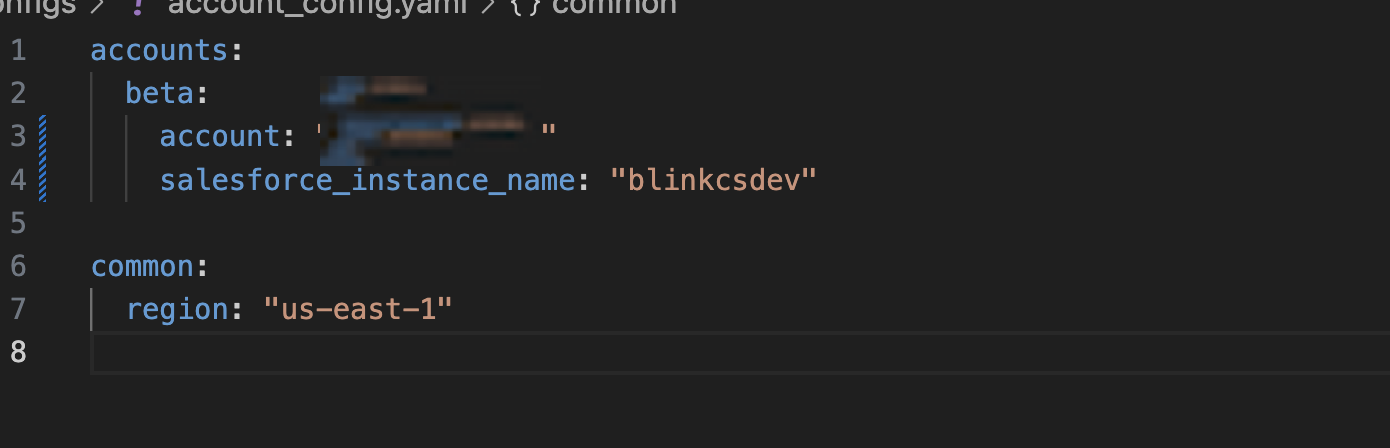 Screenshot of account configuration YAML file showing required fields including account ID, Salesforce instance name, and deployment region. The YAML structure has two main sections: 'beta' containing account and Salesforce configuration, and 'common' containing the region setting.