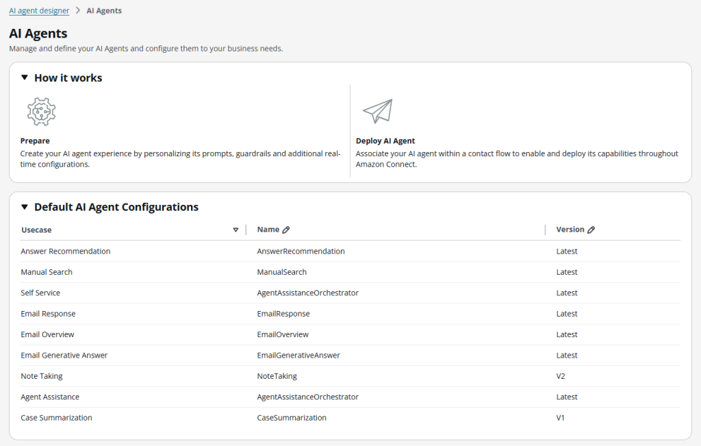 Screenshot of the AI agent designer interface showing different AI Agent usecases