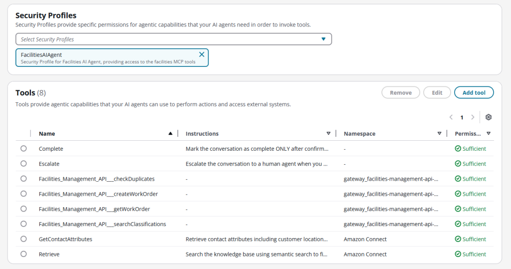 Screenshot of the AI agent designer interface showing tool configuration panel with MCP and security profile settings