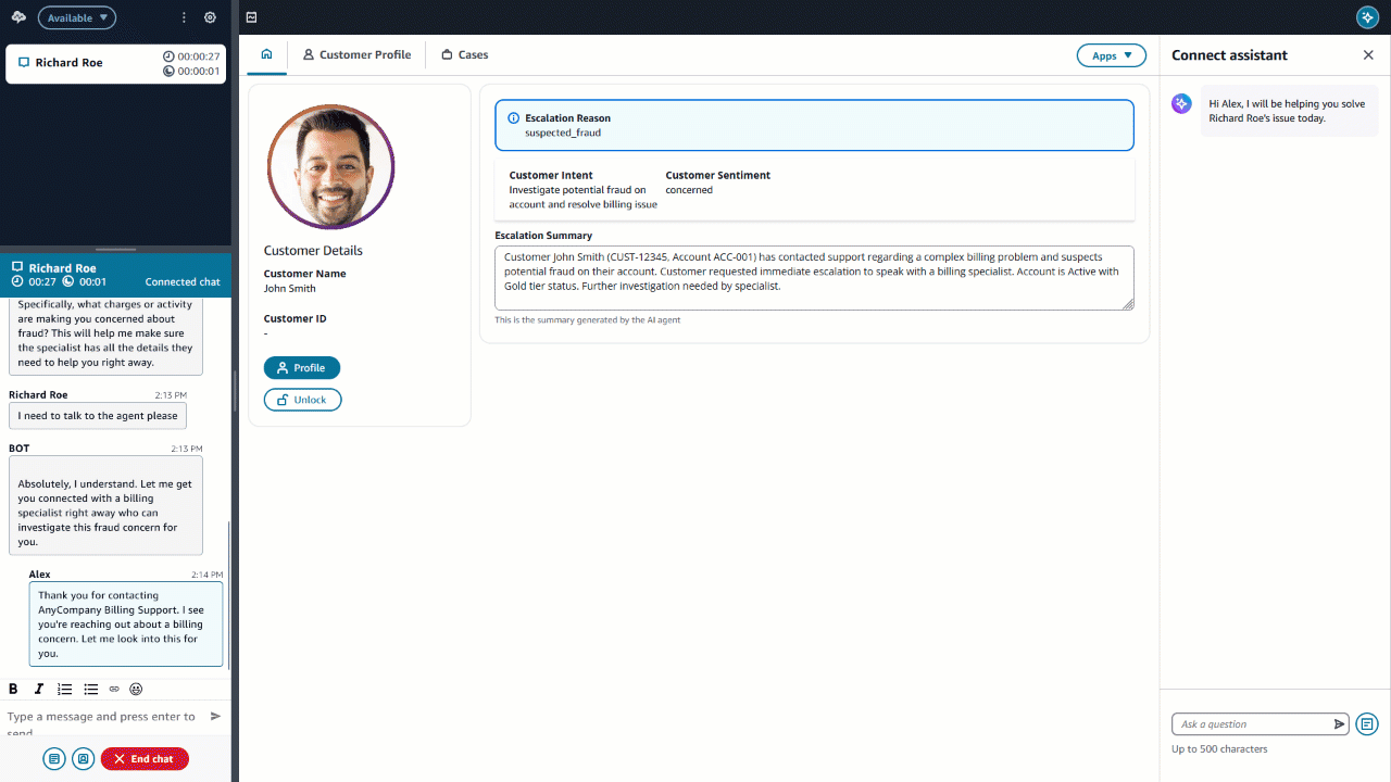 Screen recording showing the Connect assistant presenting resolution options to a human agent in the agent workspace