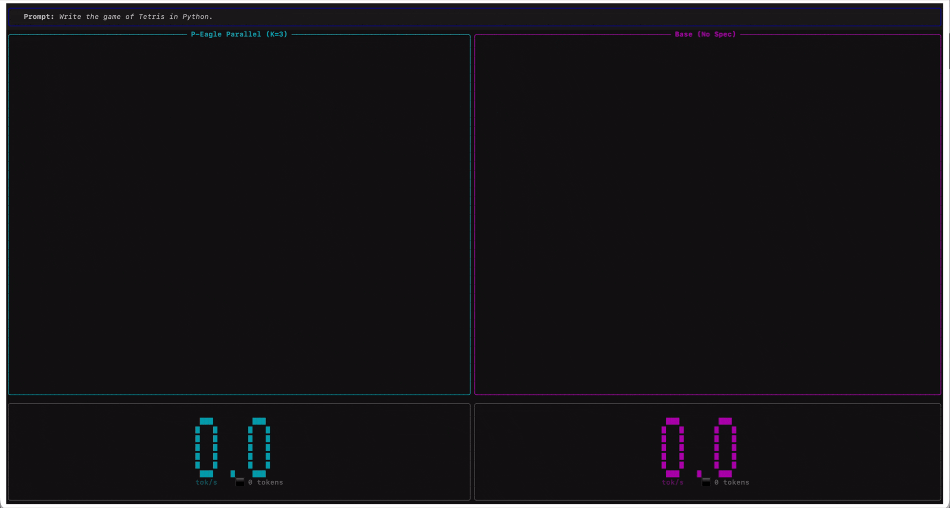 Side-by-side screen recording showing Qwen3-Coder-30B-A3B-Instruct running with P-EAGLE Parallel K=3 on the left and standard inference on the right, displaying tokens-per-second metrics.