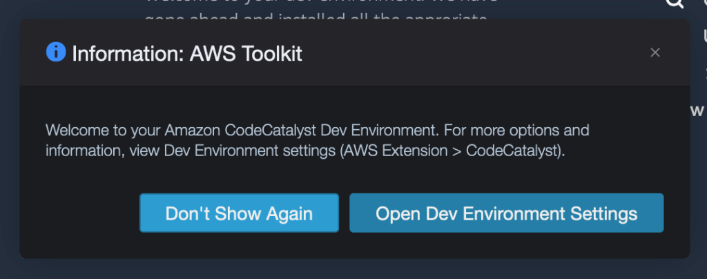 AWS Toolkit prompting to Open Dev Environment Settings.