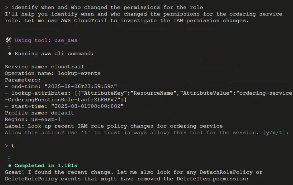 Figure 6. Asking Amazon Q CLI to identify when and who changed permissions