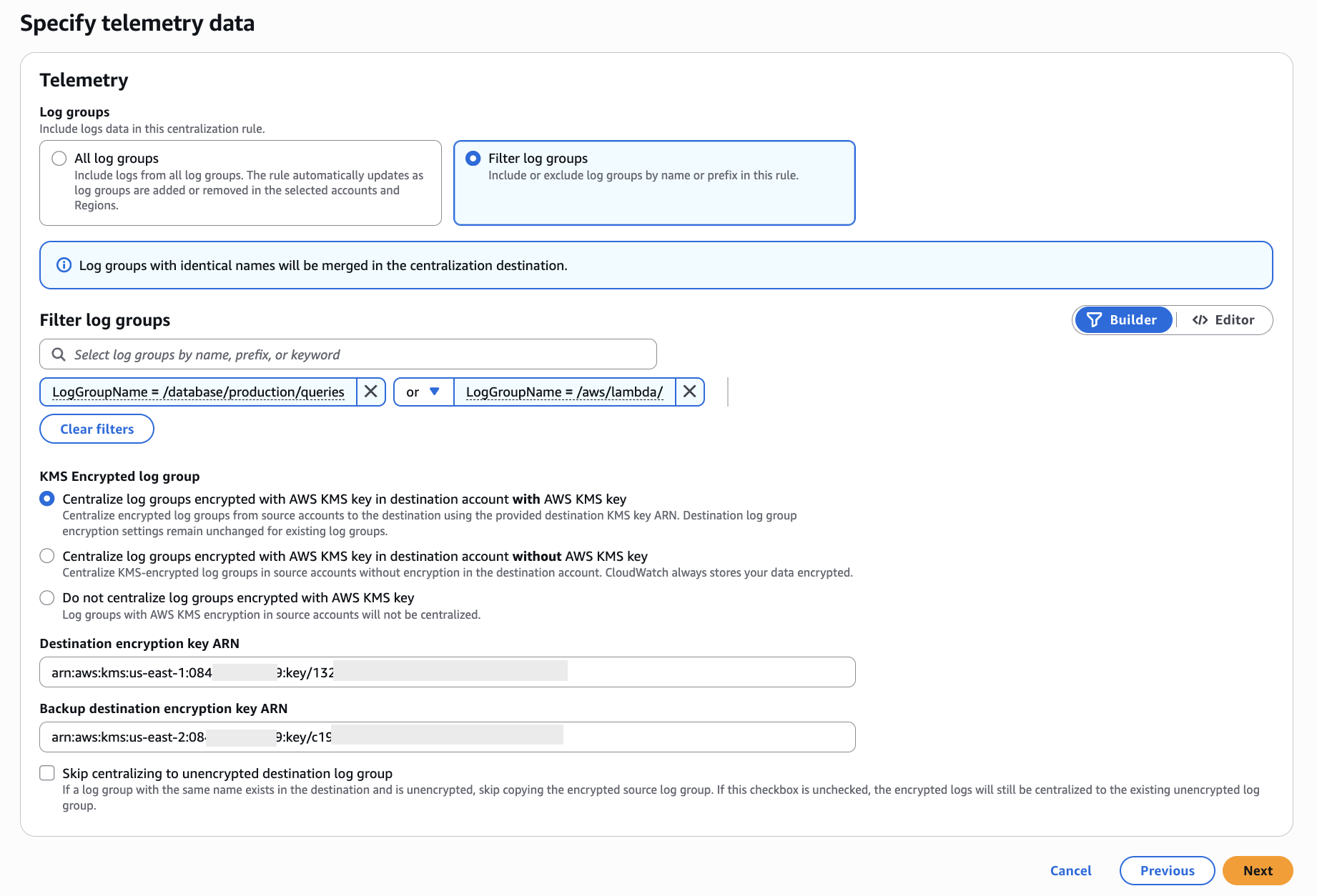 Figure 5: Specify telemetry data for Log Centralization