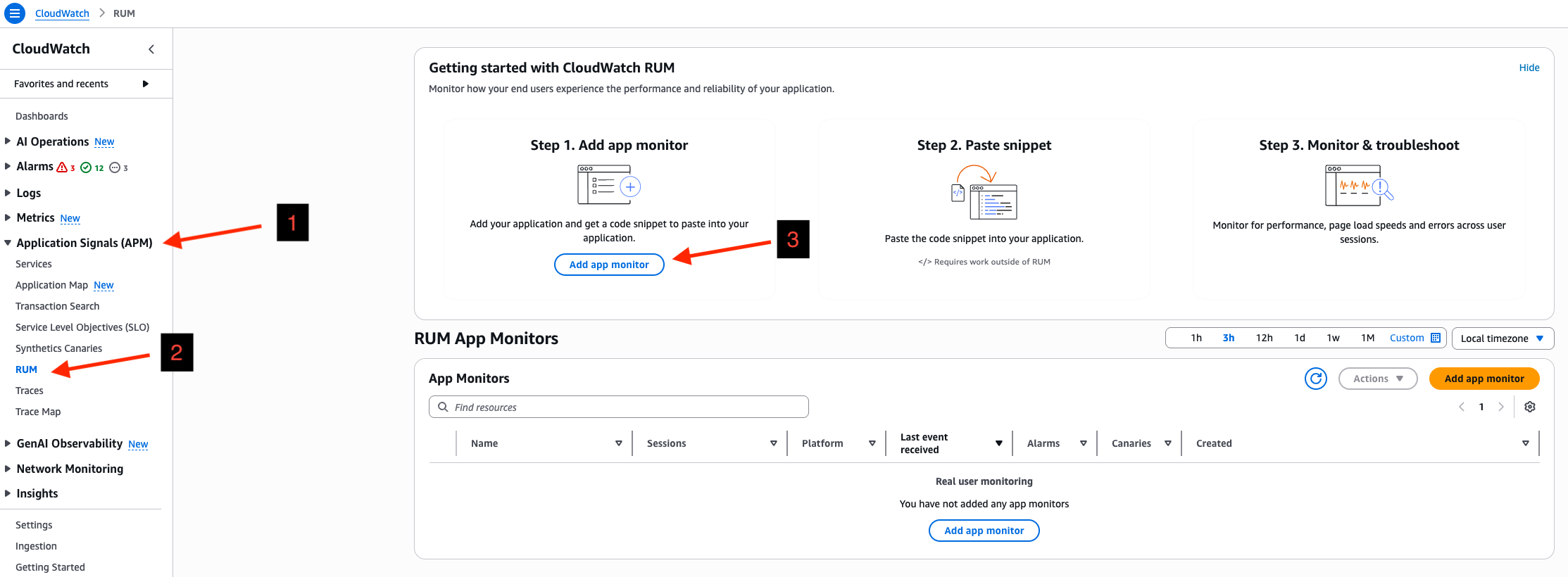 Figure 1: Create app monitor via AWS CloudWatch console