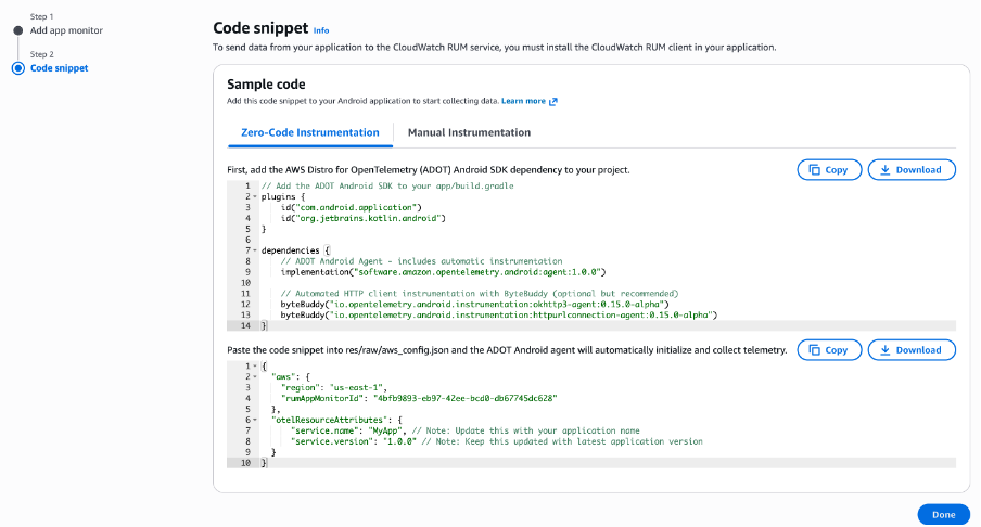 Figure 4: Create app monitor – Code snippet for Manual and Zero-code instrumentation