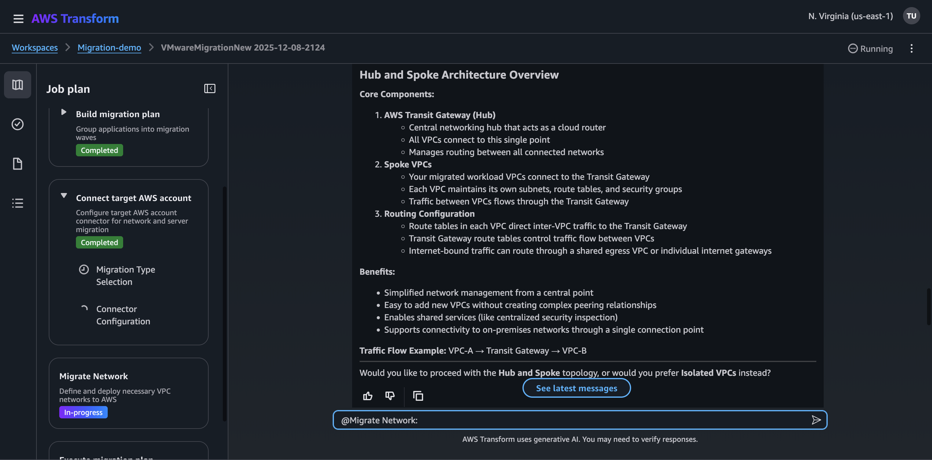 AWS Transform for VMware job on network migration step with network architecture overview description
