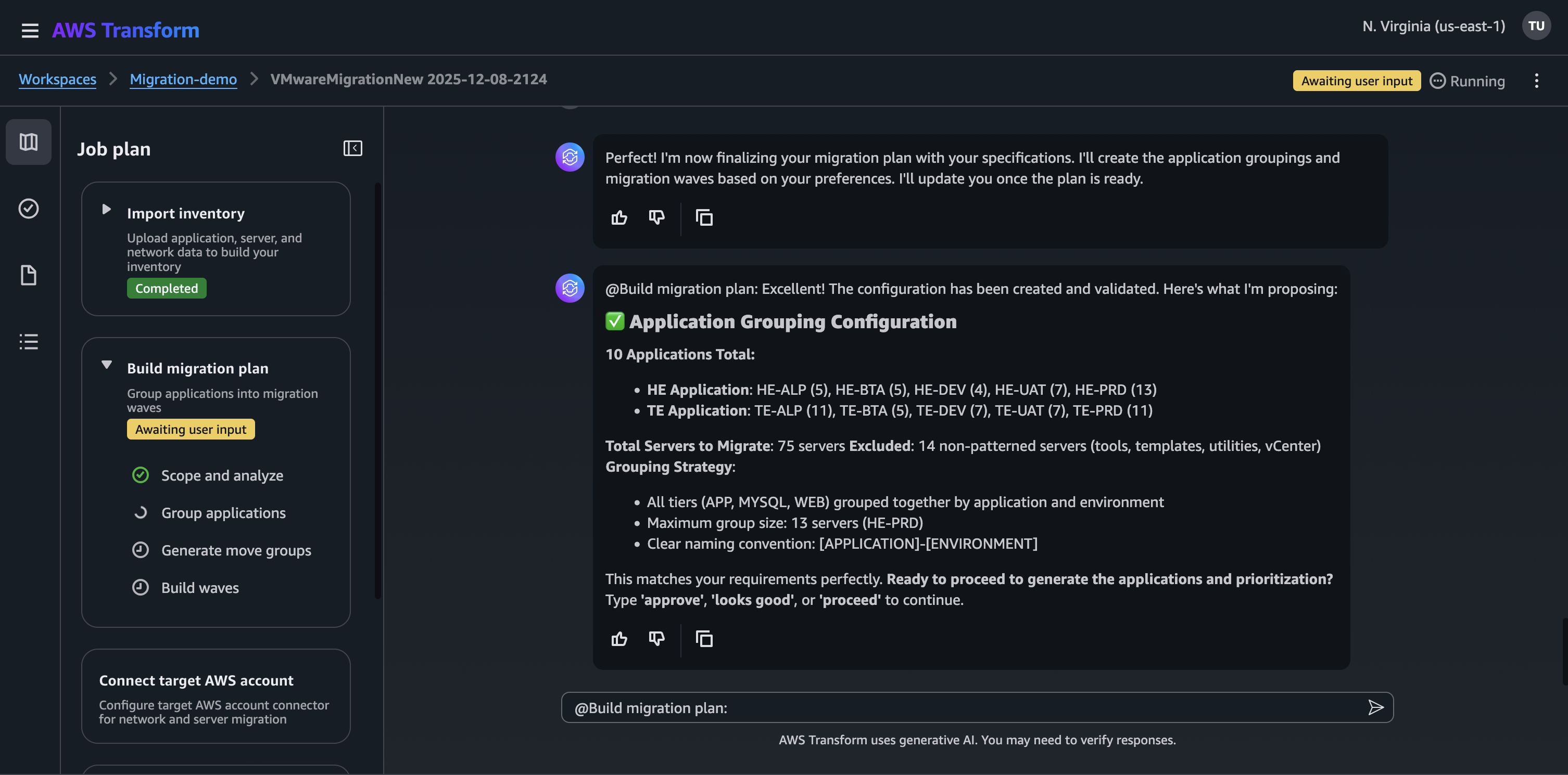 AWS Transform for VMware job on migration plan step with application grouping configuration
