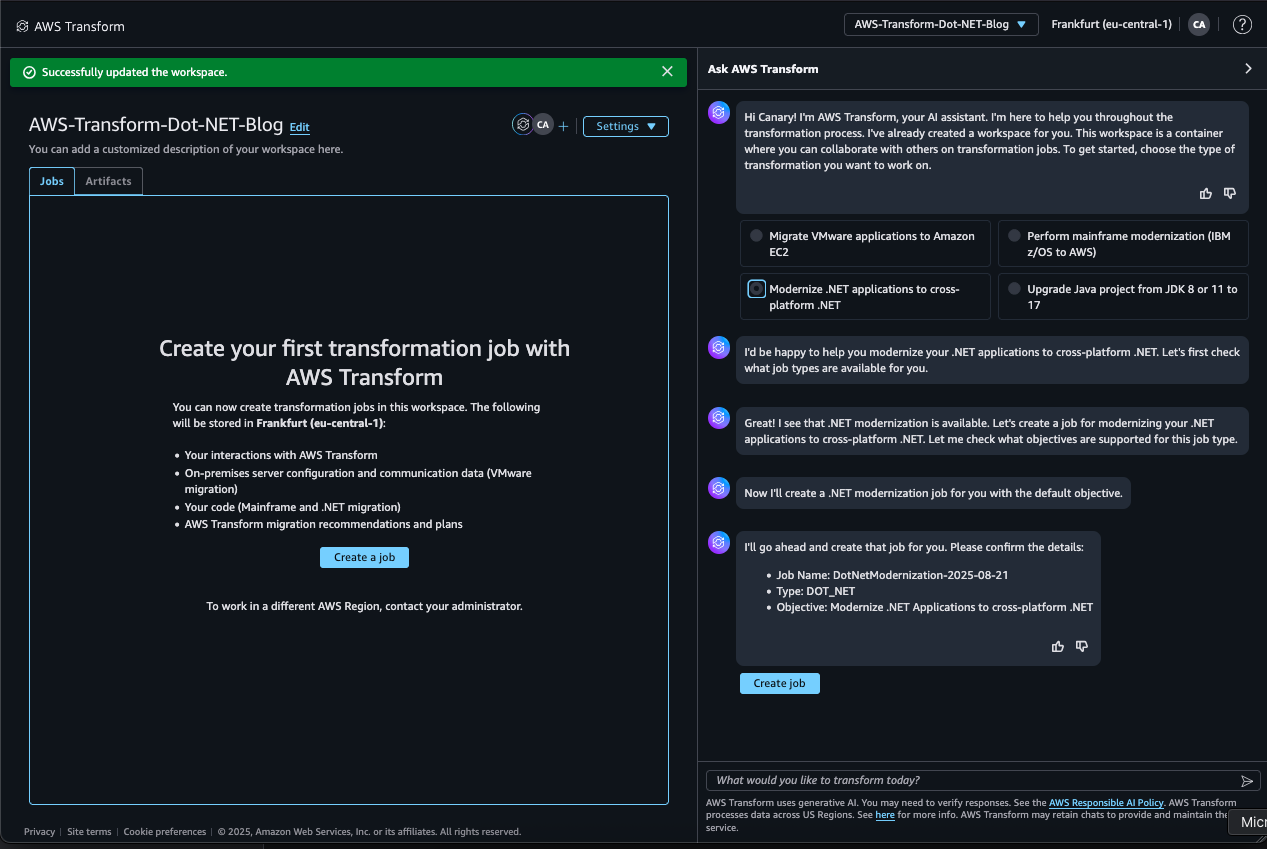 Screenshot of creating a .NET job in AWS Transform console