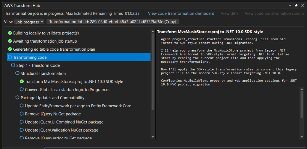 Screenshot of AWS Transform Hub showing transformation progress steps and details.