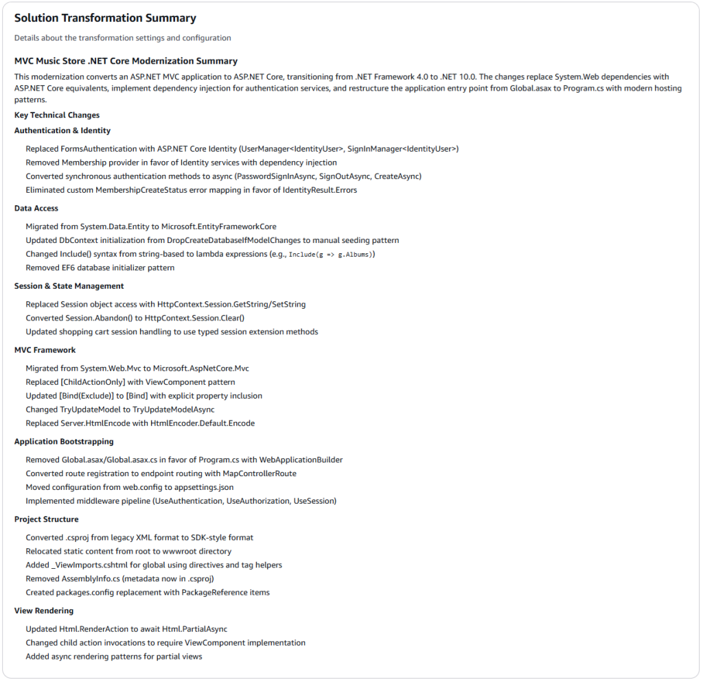 Transformation report summarizing transformation changes.