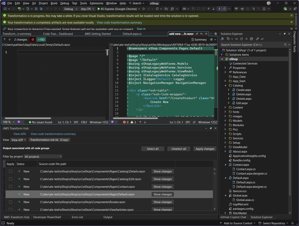 Screenshot of Visual Studio showing code diffs.