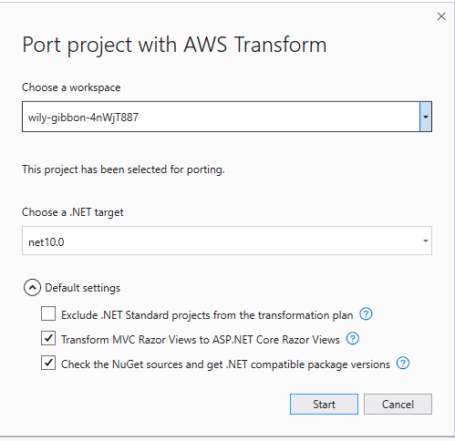 Screenshot showing Port project dialog showing workspace selection