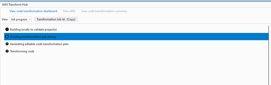 Screenshot showing AWS Transform Hub showing the AWS Transform job has started