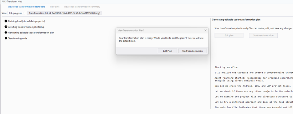 Screenshot showing AWS Transform confirmation dialog for Edit Plan or Start Transformation