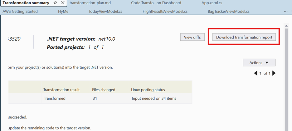 Screenshot Showing Download transformation report
