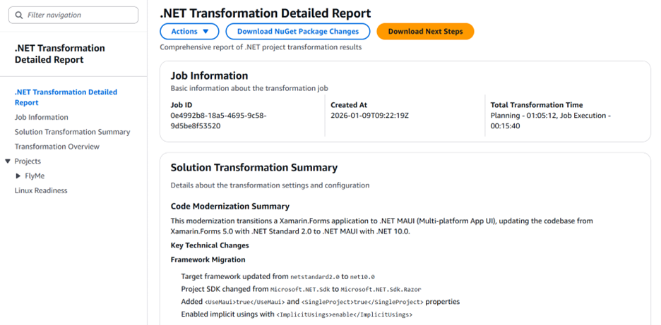 Screenshot Showing Transformation report