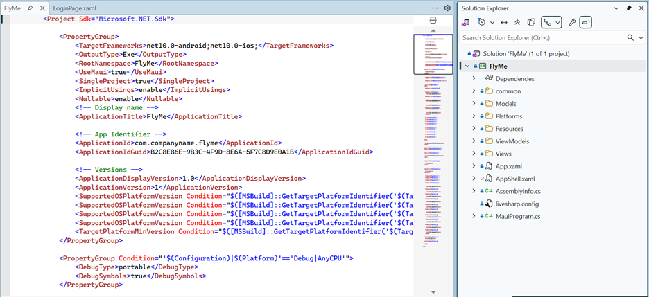 Screenshot showing Visual Studio Solution Explorer displaying .NET MAUI project structure