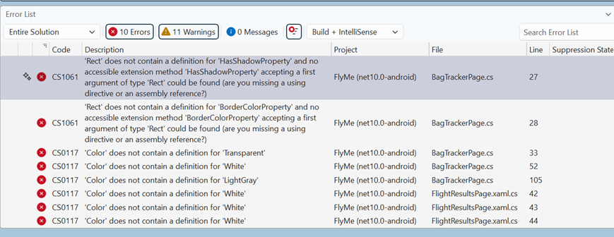 Screenshot showing Build errors after transformation