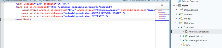 Screenshot showing Android specific manifest file