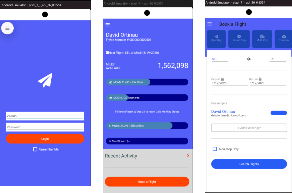 Screenshots showing Transformed FlyMe app showing the same Booking interface
