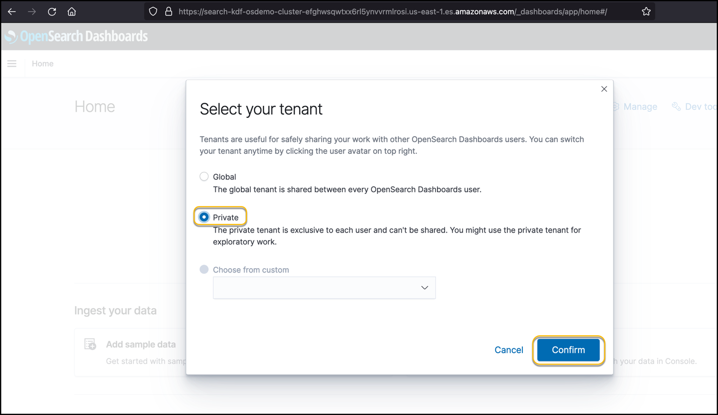 OpenSearch Service Dashboard Tenant