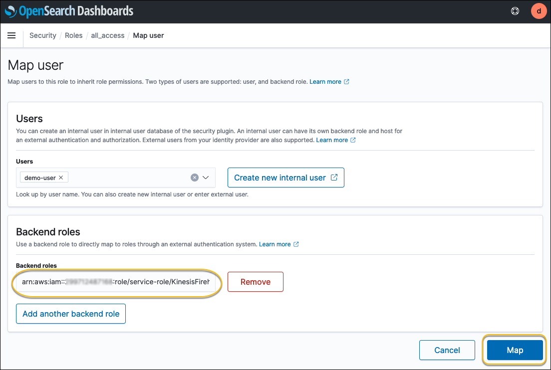 OpenSearch Service Dashboard Map role arn