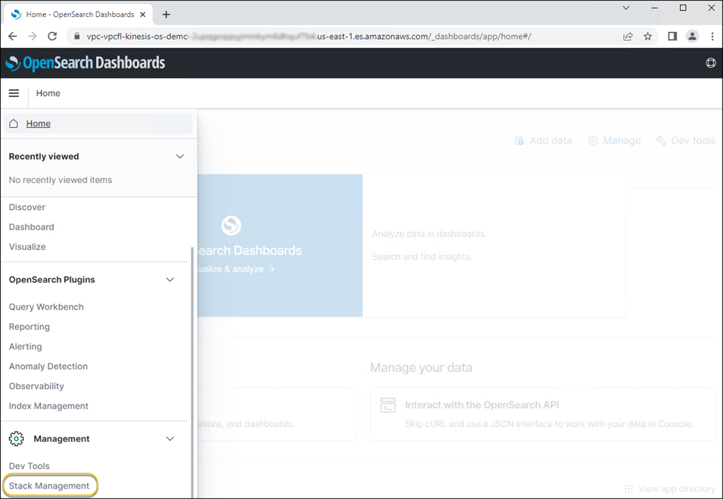 OpenSearch Service Dashboard Stack Management