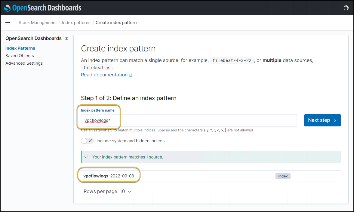 OpenSearch Service Dashboard Create Index