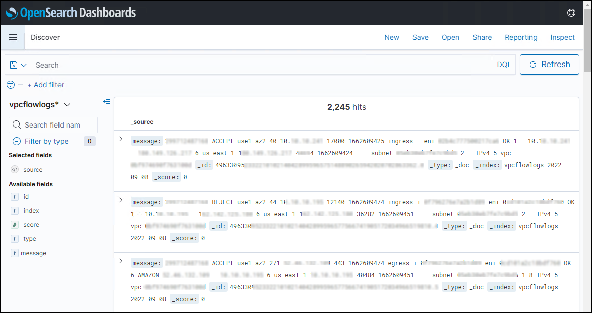 OpenSearch Service Dashboard Discover