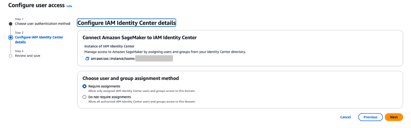 Screenshot of SageMaker Unified Studio SAML configuration showing assignment options