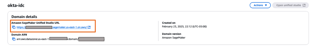 Screenshot of Amazon SageMaker domain summary page showing Domain ARN field
