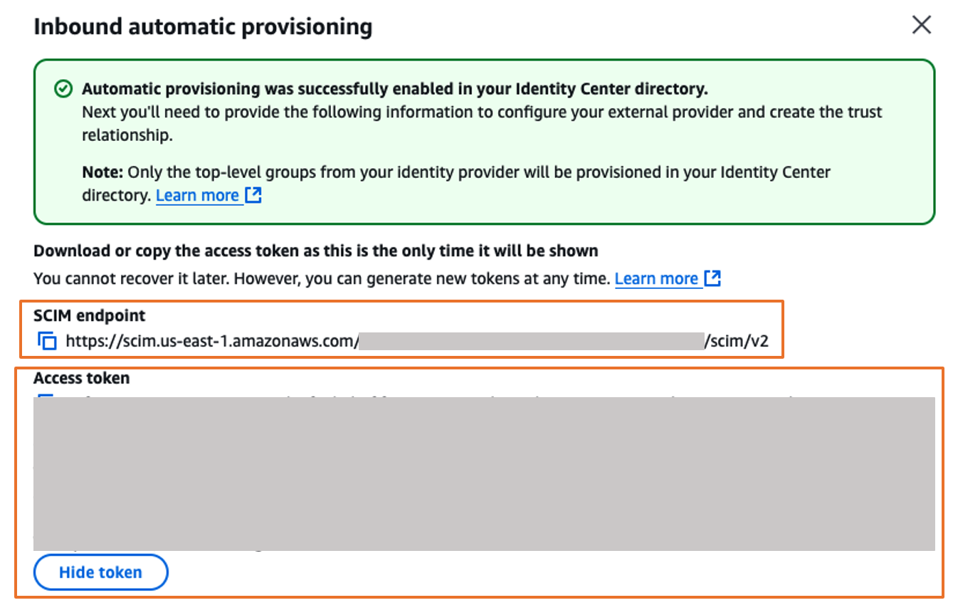 Screenshot of AWS IAM Identity Center inbound automatic provisioning dialog showing SCIM endpoint and access token
