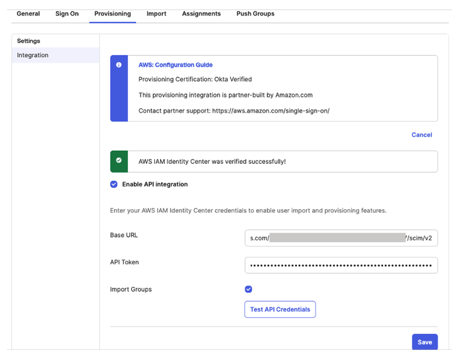 Screenshot of Okta provisioning settings showing API integration configuration with SCIM endpoint and token fields