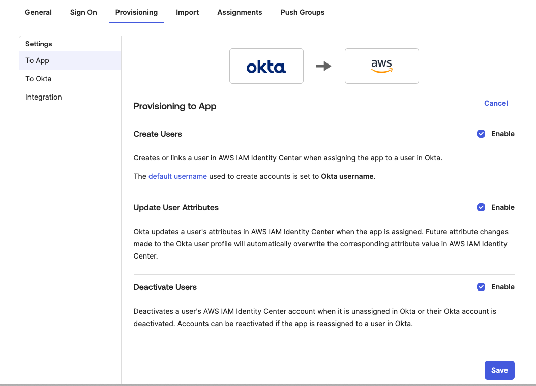 Screenshot of Okta provisioning To App settings showing user management options