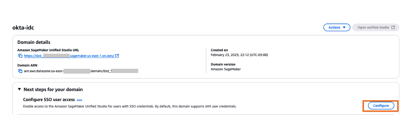 Screenshot of Amazon SageMaker domain details page showing Configure SSO user access option
