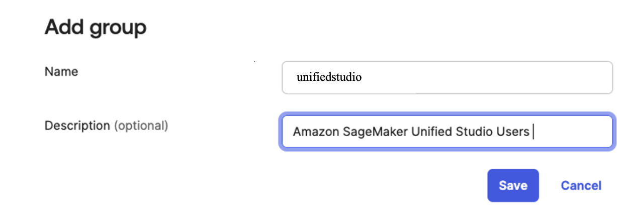 Screenshot of Okta group creation interface with unifiedstudio group name entered