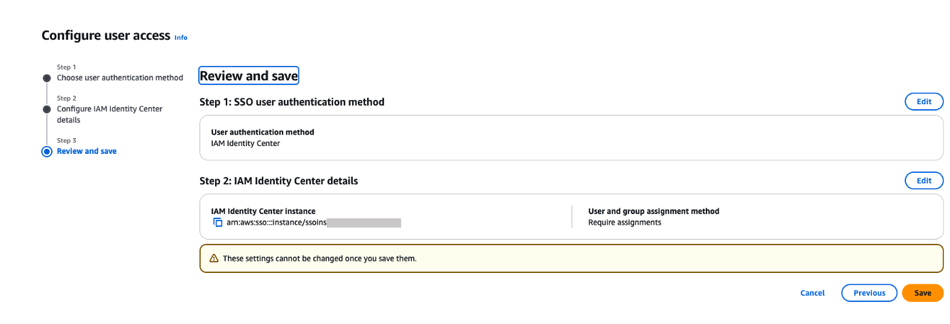 Screenshot of SageMaker SAML configuration review and save page
