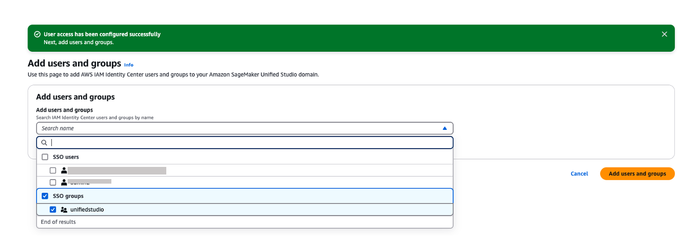 Screenshot of SageMaker domain showing Add users and groups interface for Okta group assignment