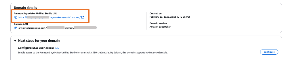Screenshot of SageMaker domain details page showing the Unified Studio URL for user access