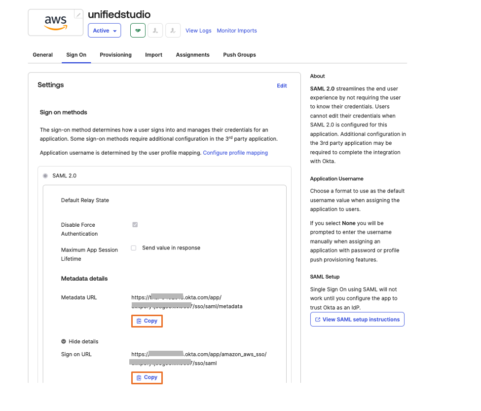 Screenshot of Okta SAML settings showing metadata URL