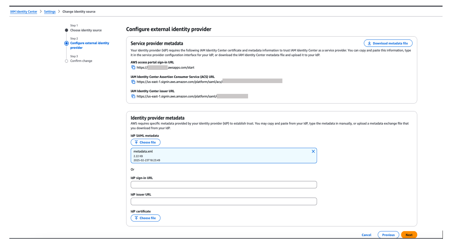 Screenshot of AWS IAM Identity Center external identity provider configuration showing metadata file upload