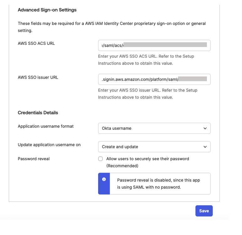 Screenshot of Okta advanced sign-on settings showing AWS SSO configuration fields