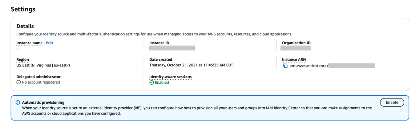 Screenshot of AWS IAM Identity Center automatic provisioning enable option