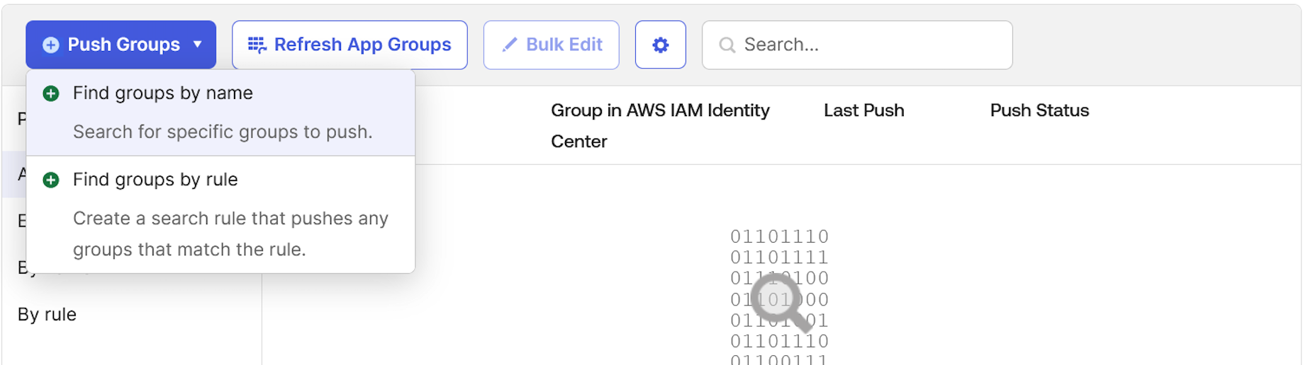 Screenshot of Okta Push Groups interface showing Find groups by name option