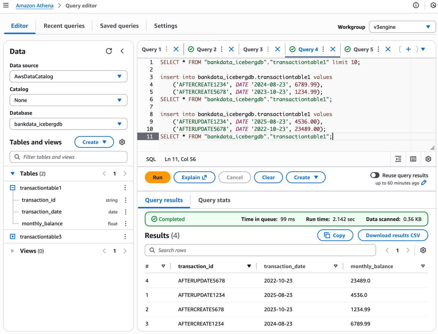 Amazon Athena query editor with SQL statements and results after iceberg partition update and insert data