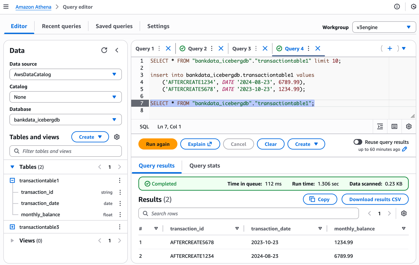 Amazon Athena query editor showing SQL queries and results for bankdata_icebergdb database with transaction data