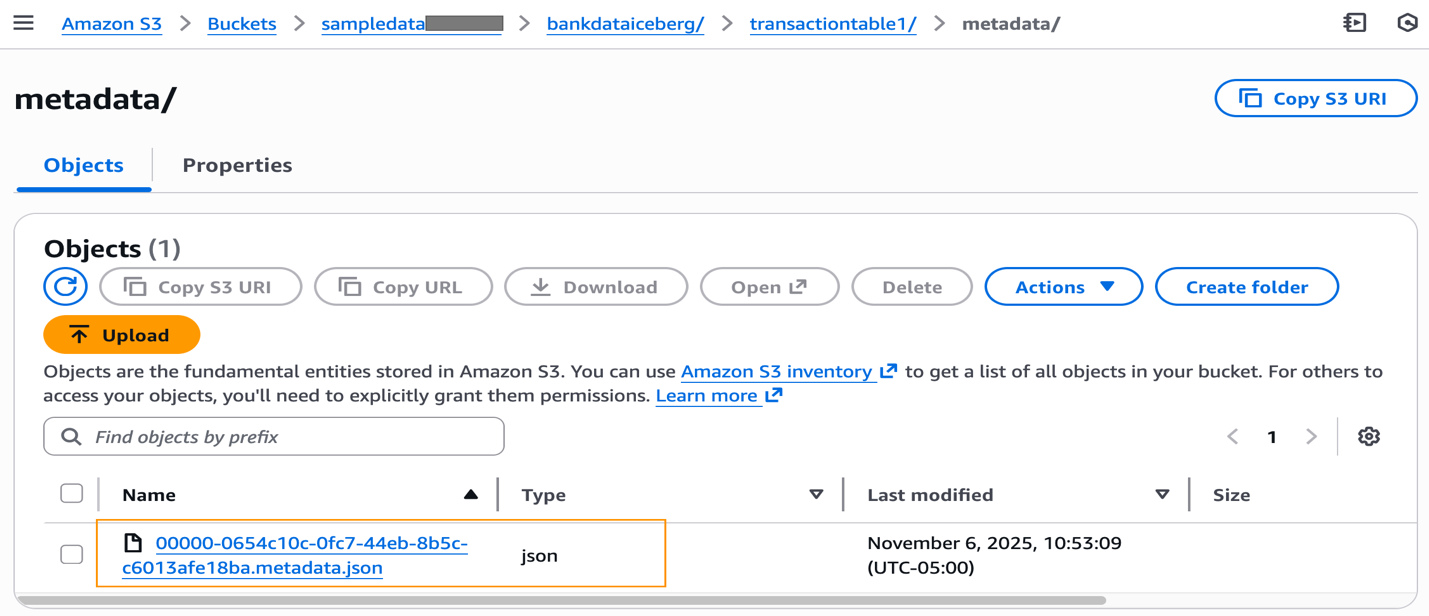 Amazon S3 bucket interface showing metadata folder containing single JSON file dated November 6, 2025